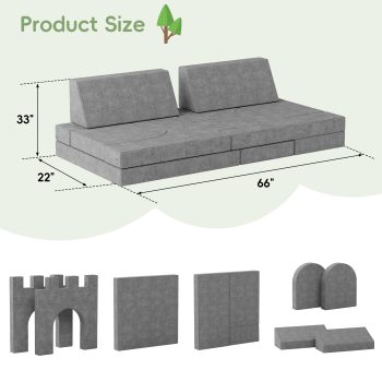 8 PCs Modular Kids Play Couch Convertible Foam Sofa for Toddlers Grey