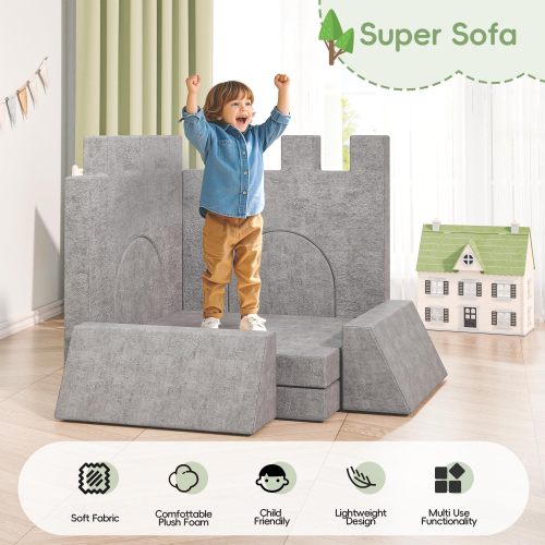 8 PCs Modular Kids Play Couch - Convertible Foam Sofa for Toddlers Grey