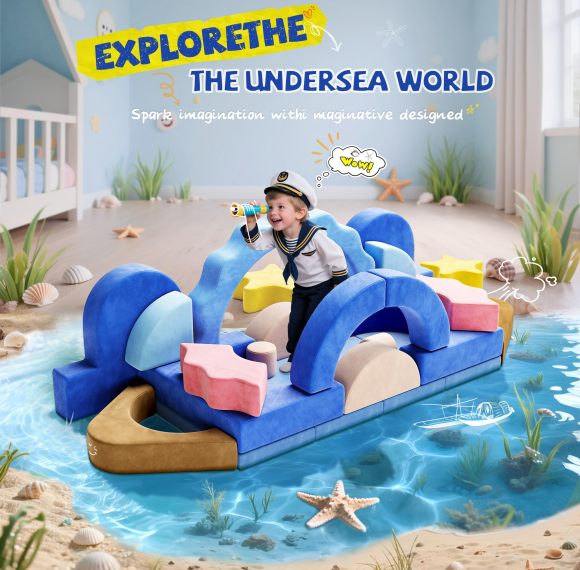 Customized Cute Blue Ocean Theme Multicolor Puzzle Foam Blocks Modular Children Loveseat