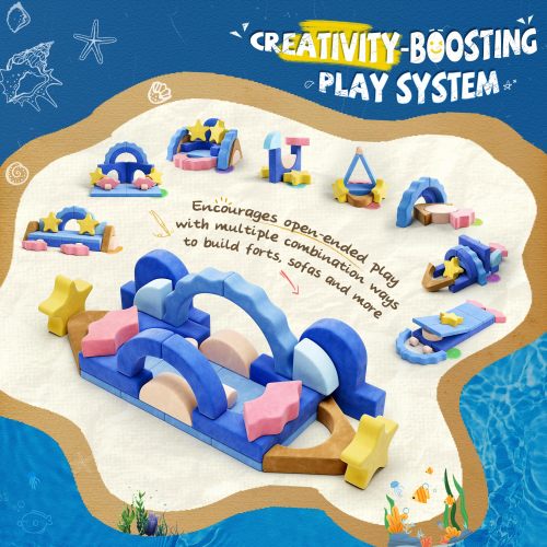 Customized Cute Blue Ocean Theme Multicolor Puzzle Foam Blocks Modular Children Loveseat