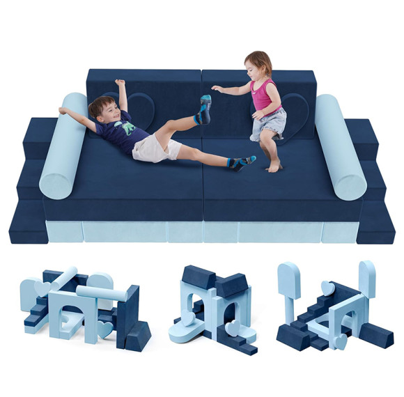 Custom Blue Modular Sofa with Heart-Shaped Cushions for Toddlers Playroom and Bedroom