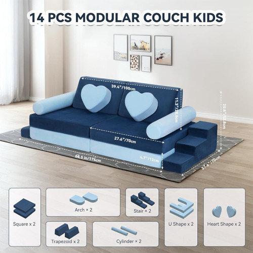 Custom Blue Modular Sofa with Heart-Shaped Cushions for Toddlers Playroom and Bedroom