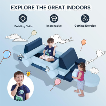 Custom Blue Modular Sofa with Heart-Shaped Cushions for Toddlers Playroom and Bedroom