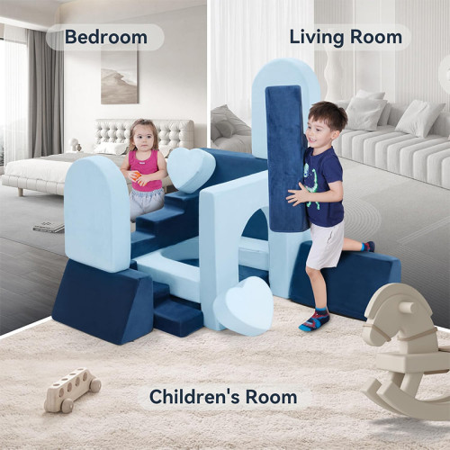 Custom Blue Modular Sofa with Heart-Shaped Cushions for Toddlers Playroom and Bedroom