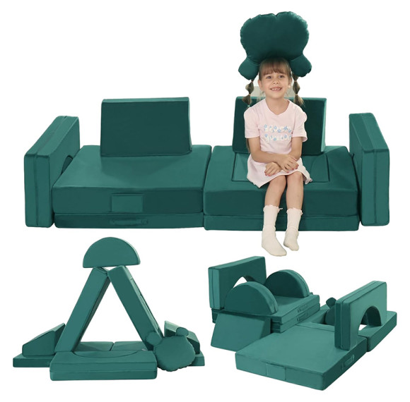Custom Dark Green Modular Sofa for Toddlers with Soft Foam Cushions for Playroom and Bedroom