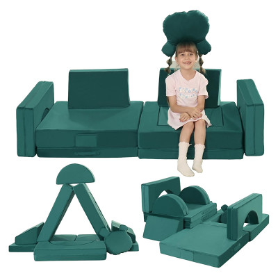 Custom Dark Green Modular Sofa for Toddlers with Soft Foam Cushions for Playroom and Bedroom