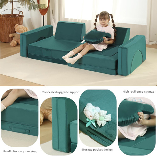 Custom Dark Green Modular Sofa for Toddlers with Soft Foam Cushions for Playroom and Bedroom