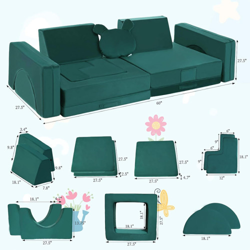 Custom Dark Green Modular Sofa for Toddlers with Soft Foam Cushions for Playroom and Bedroom