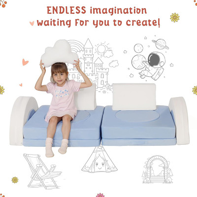 Custom Blue Modular Sofa for Little Ones with Soft Foam Cushions for Playroom and Bedroom