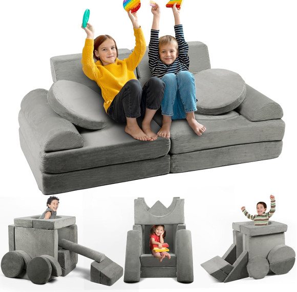 Tailored Light Grey 17 Piece Modular Children Sofa Set for Playroom and Bedroom