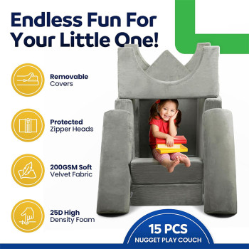 Tailored Light Grey 17 Piece Modular Children Sofa Set for Playroom and Bedroom