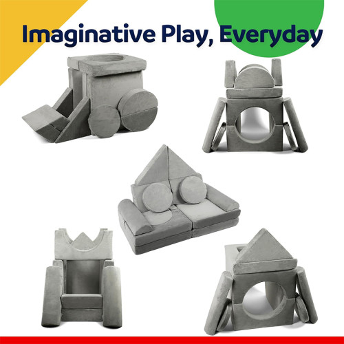 Tailored Light Grey 17 Piece Modular Children Sofa Set for Playroom and Bedroom
