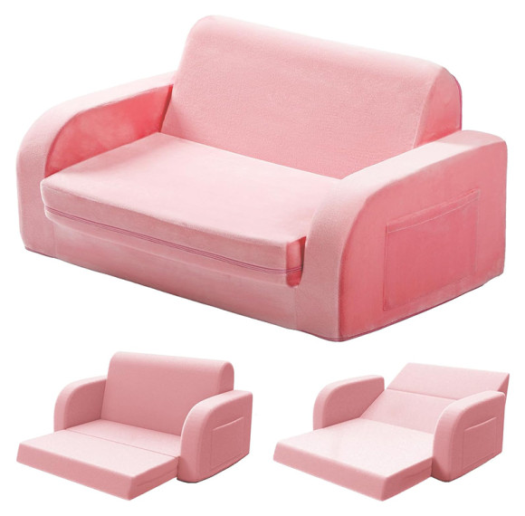 Customized Pink Foldable Double Kids Sofa with Compressed Foam for Playroom