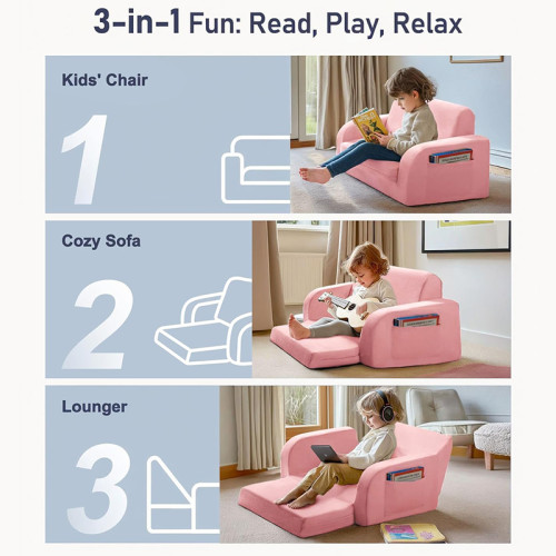 Customized Pink Foldable Double Kids Sofa with Compressed Foam for Playroom