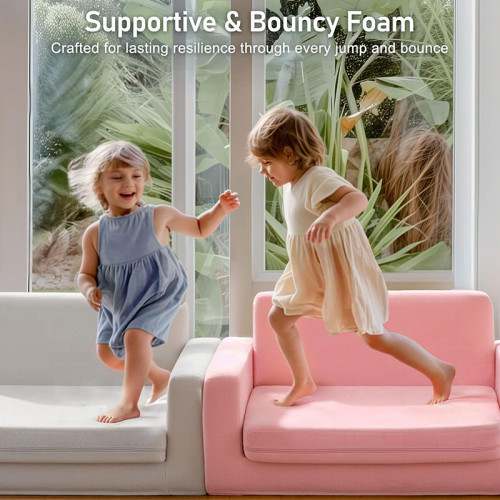 Customized Pink Foldable Double Kids Sofa with Compressed Foam for Playroom