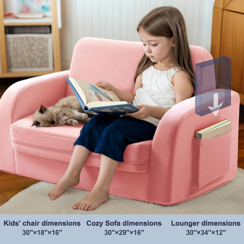 Customized Pink Foldable Double Kids Sofa with Compressed Foam for Playroom