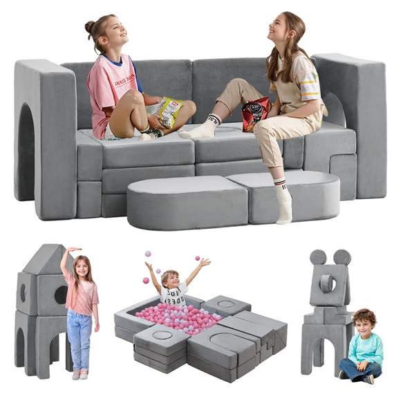 Customized Grey 22 Piece Modular Kids Sofa Set for Playroom and Bedroom