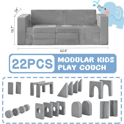 Customized Grey 22 Piece Modular Kids Sofa Set for Playroom and Bedroom