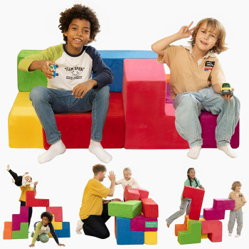 Custom Colorful Tetris Style Modular Kids Sofa Set for Playroom and Creative Spaces
