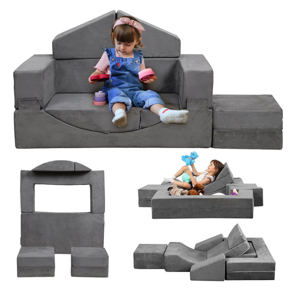 Custom Grey Modular Kids Sofa with Ball Pit Set in Playhouse Design for Playroom