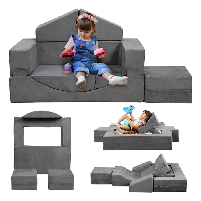 Custom Grey Modular Kids Sofa with Ball Pit Set in Playhouse Design for Playroom