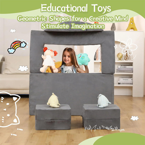 Custom Grey Modular Kids Sofa with Ball Pit Set in Playhouse Design for Playroom
