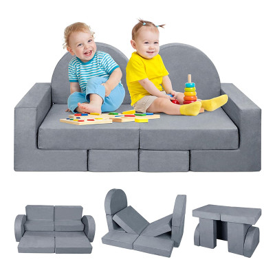Customized Grey 7 Piece Minimalist Modular Children Couch Set for Playroom