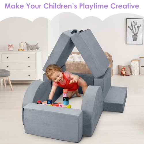 Customized Grey 7 Piece Minimalist Modular Children Couch Set for Playroom