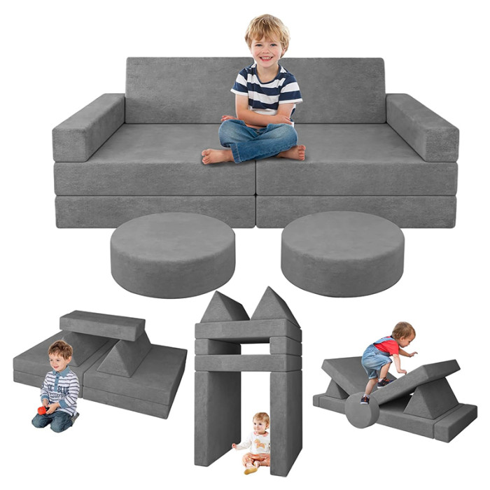 Customized Grey Modular Children Couch Set for Playroom and Bedroom Comfort