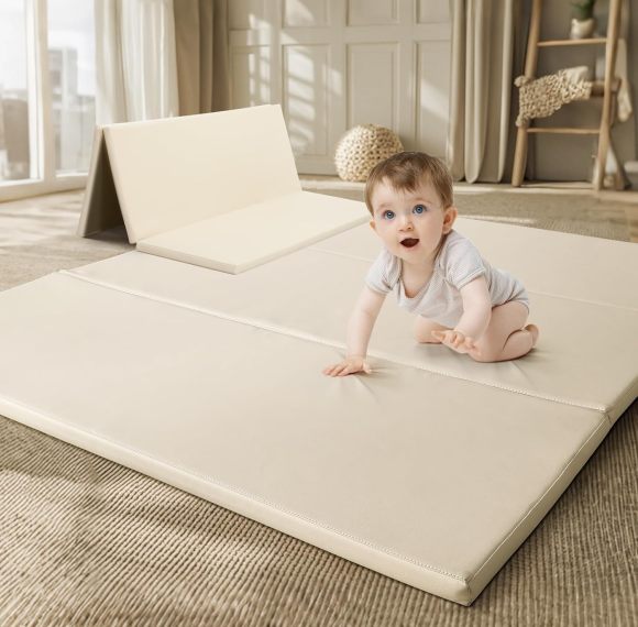Factory Custom Beige PU Leather Foam Baby Play Mat OEM Waterproof Trifold Floor Pad for Toddlers and Infants