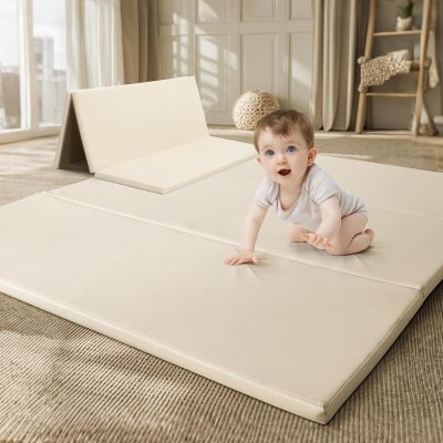 Factory Custom Beige PU Leather Foam Baby Play Mat OEM Waterproof Trifold Floor Pad for Toddlers and Infants