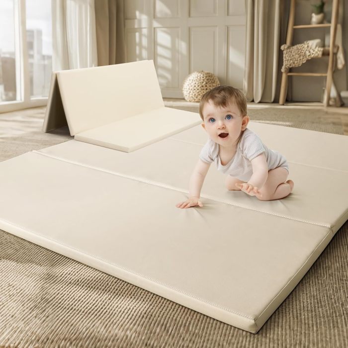 Factory Custom Beige PU Leather Foam Baby Play Mat OEM Waterproof Trifold Floor Pad for Toddlers and Infants
