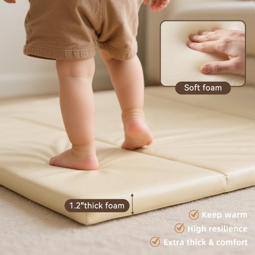 Factory Custom Beige PU Leather Foam Baby Play Mat OEM Waterproof Trifold Floor Pad