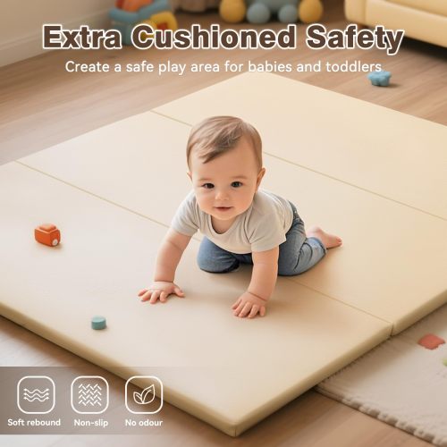 Factory Custom Beige PU Leather Foam Baby Play Mat OEM Waterproof Trifold Floor Pad