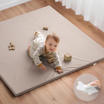 OEM Vegan Leather Kids Play Mat Thick Foam Waterproof Playpen Floor Cushion in Taupe 50x50