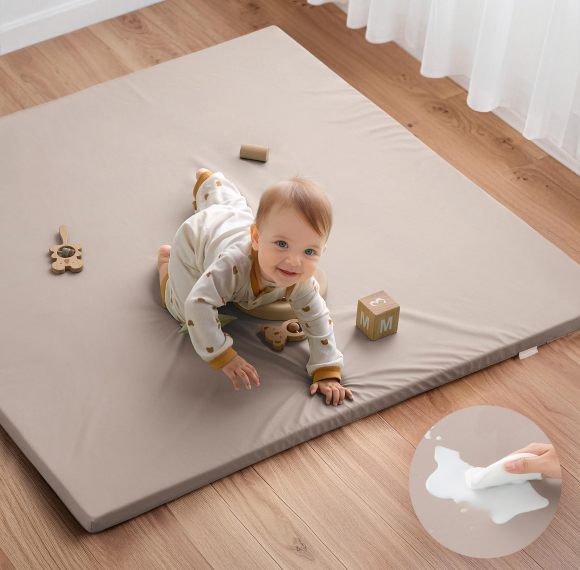 OEM Vegan Leather Baby Play Mat Thick Foam Waterproof Playpen Floor Cushion in Taupe 50x50