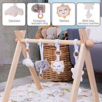 Montessori Wooden Baby Play Gym OEM Reversible Washable Mat with Hanging Toys for Newborns