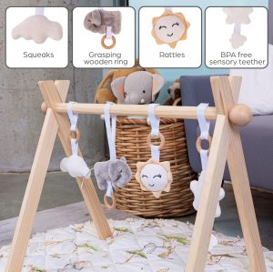 Montessori Wooden Baby Play Gym OEM Reversible Washable Mat with Hanging Toys for Newborns