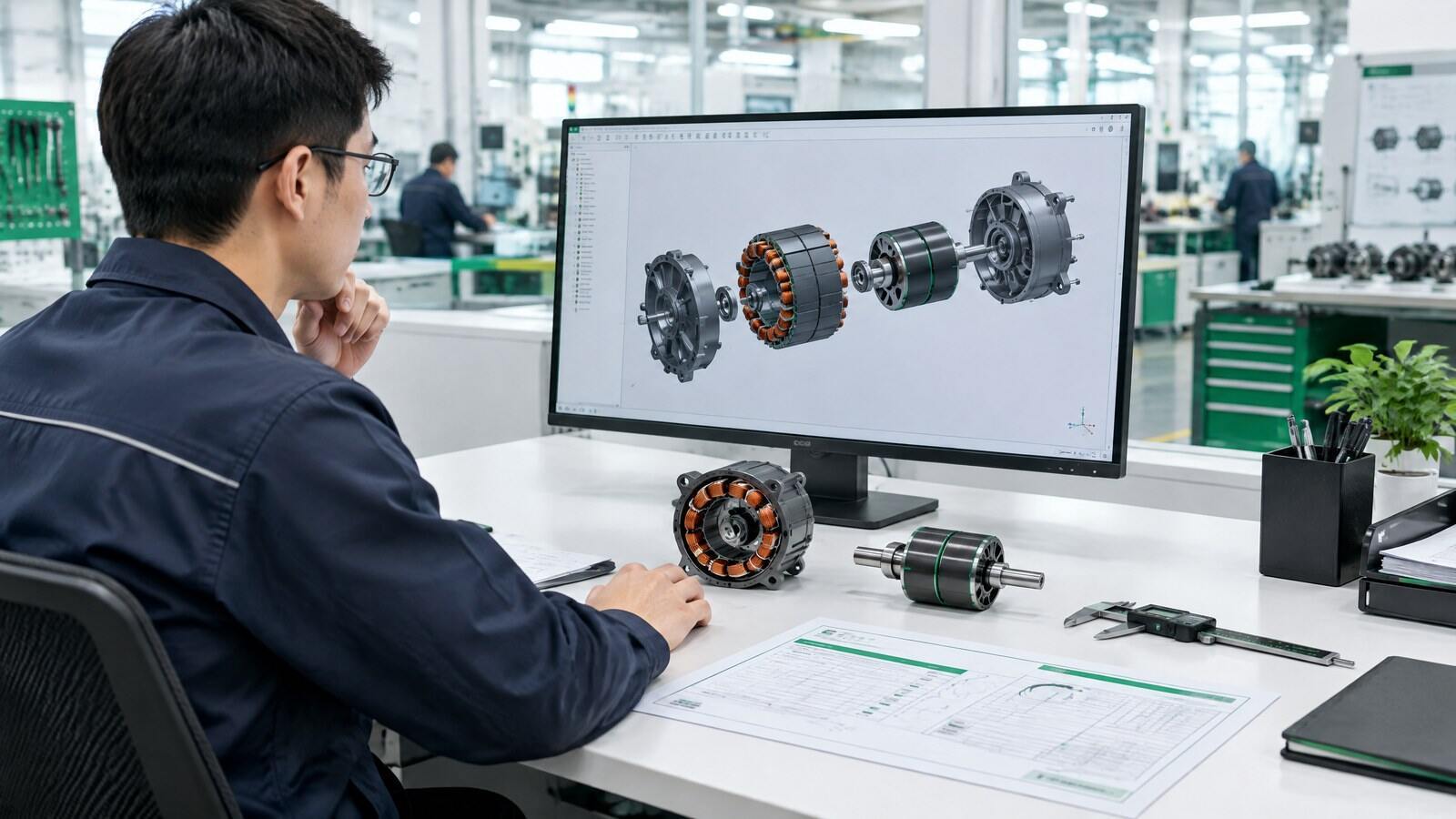 Engineer reviewing a brushless motor specification drawing and manufacturing quality plan