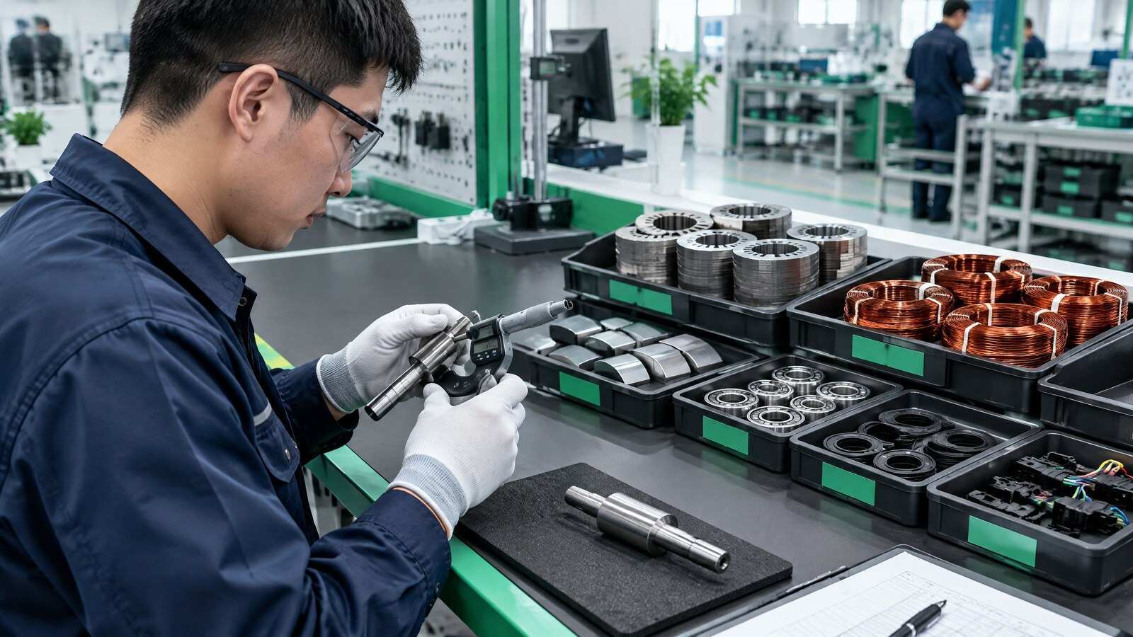 Incoming inspection station with labeled brushless motor components and material lot records