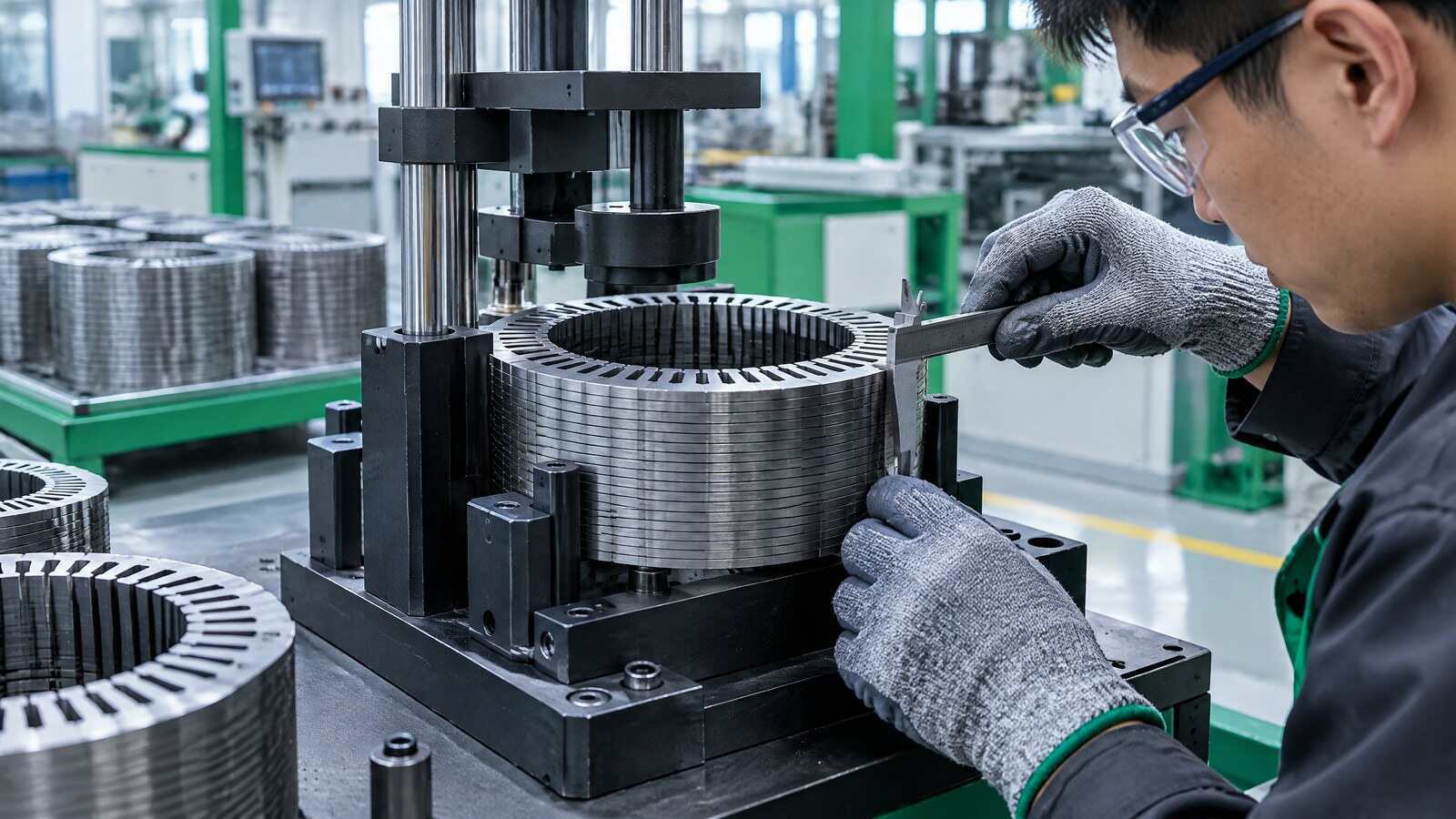 Stacked electrical-steel laminations positioned in a fixture for brushless motor stator assembly