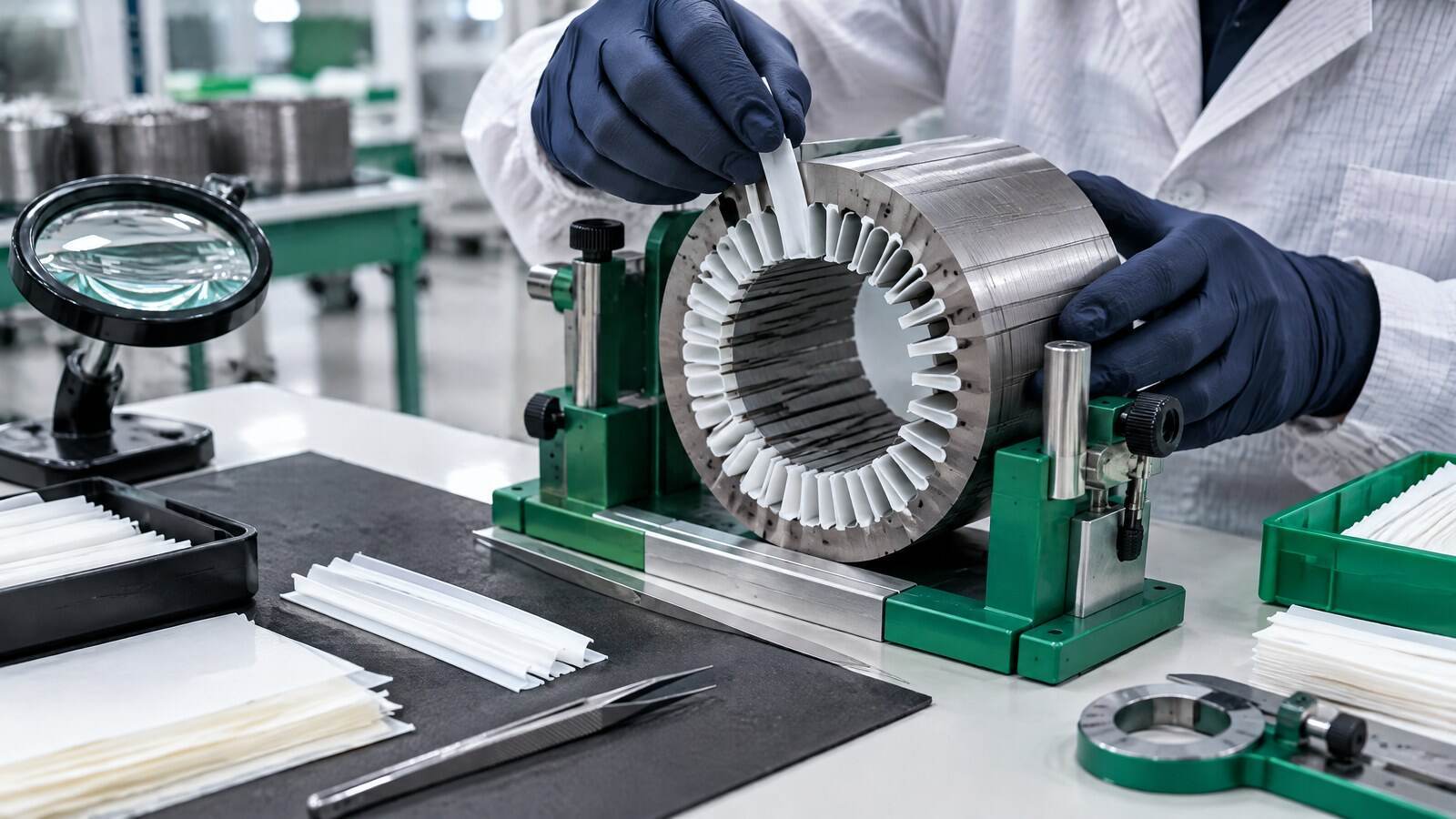 Stator slot insulation being positioned before brushless motor winding