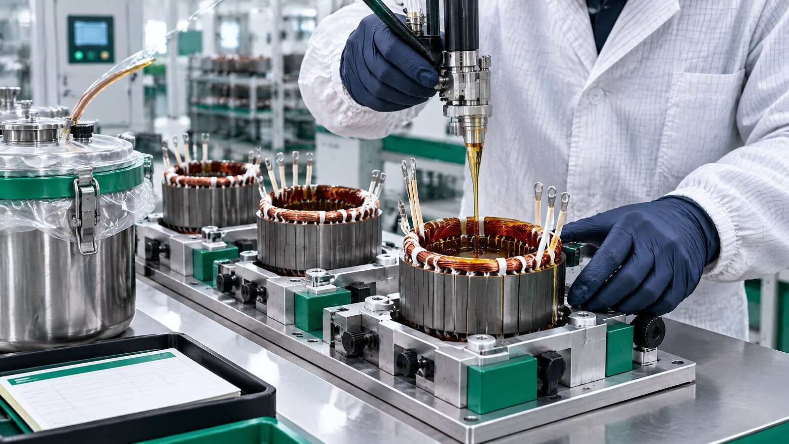 Motor stator insulation consolidation process with batch identification and controlled material handling
