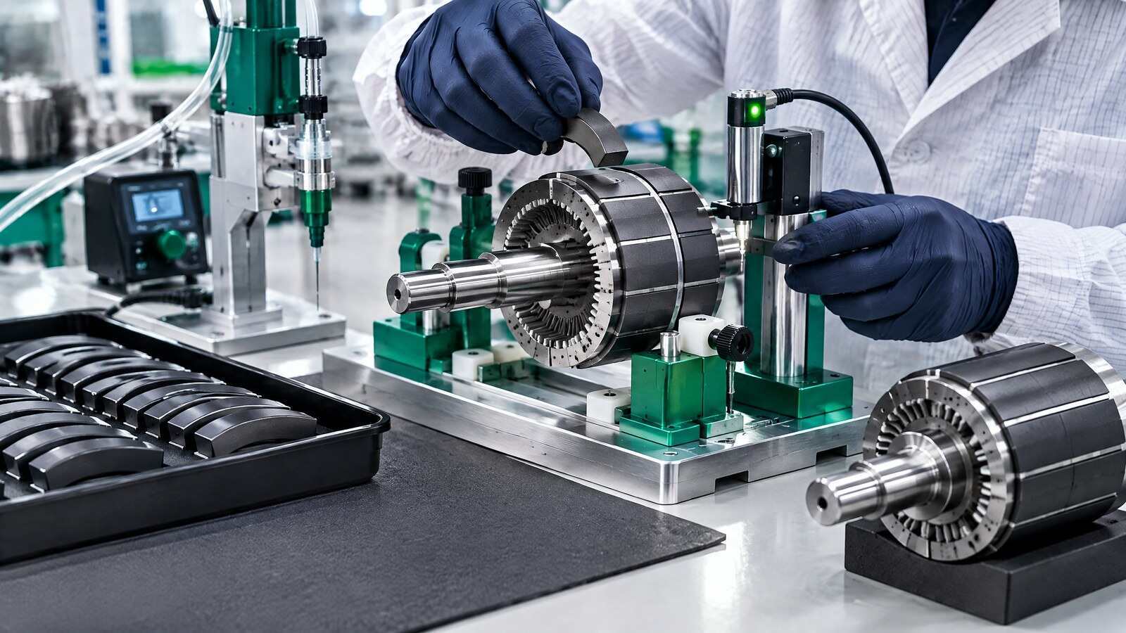 Permanent magnets positioned on a brushless motor rotor with polarity and adhesive checks