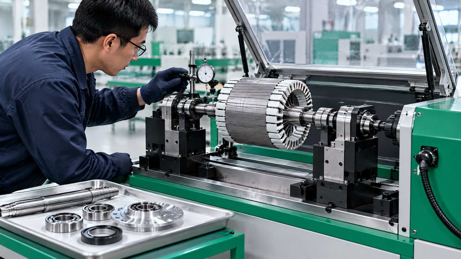 Brushless motor rotor on a dynamic balancing machine beside an assembled shaft and bearing system