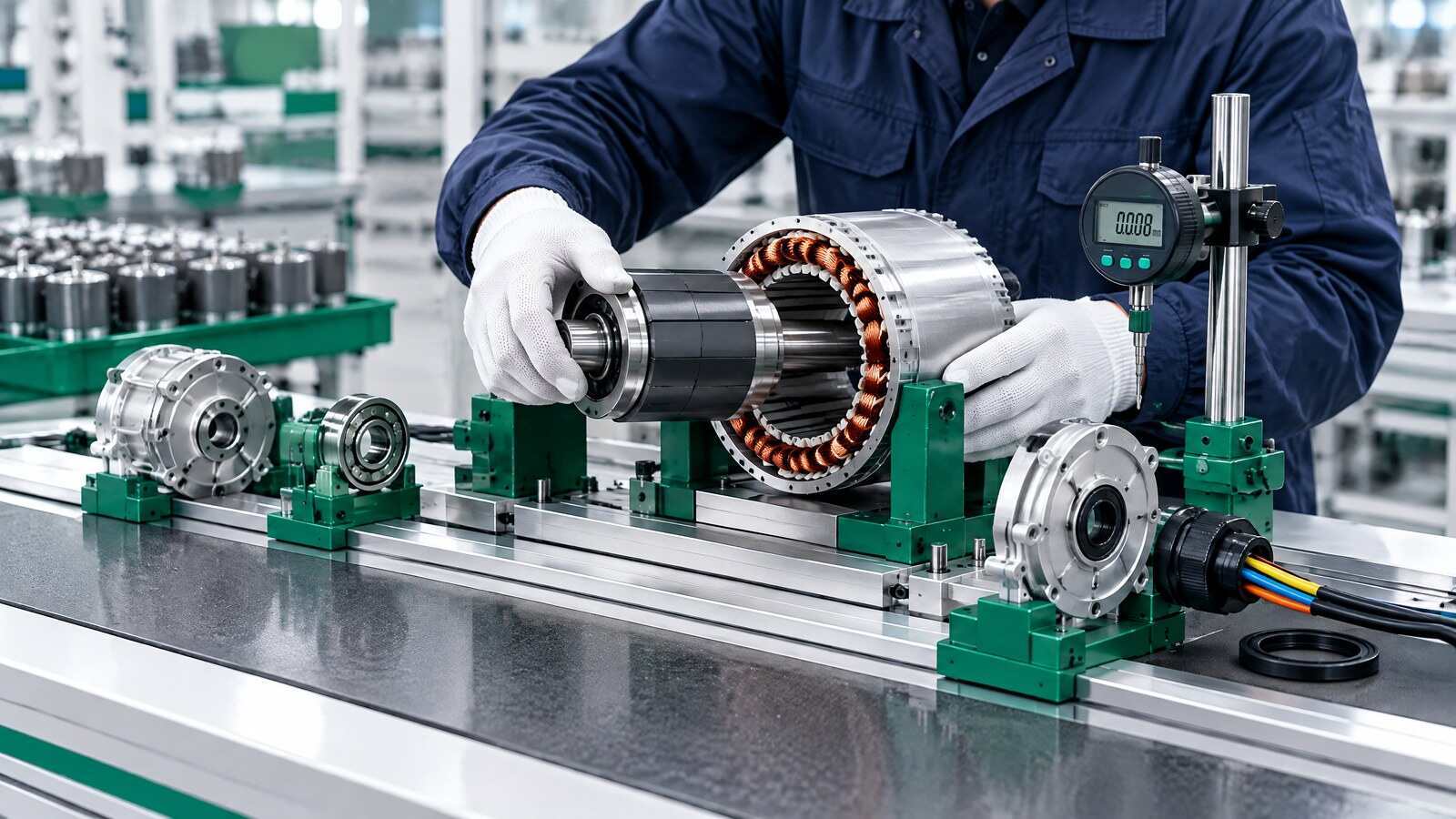 Brushless motor final assembly in a fixture with shaft, connector and housing interfaces visible