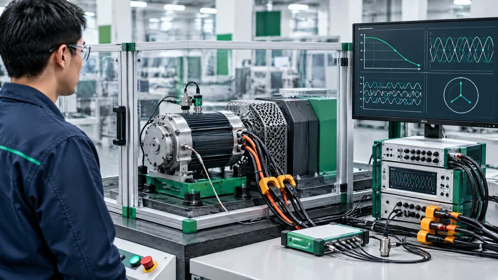 End-of-line brushless motor test station measuring electrical and rotational performance