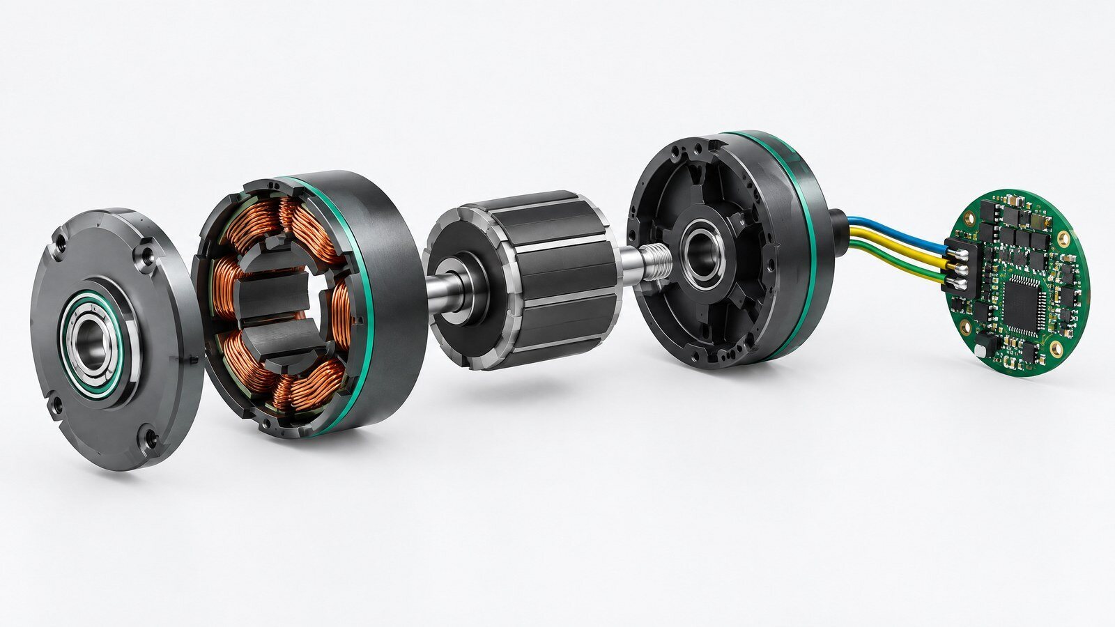 Diagram of a DC brushless motor with permanent-magnet rotor, stator windings and electronic commutation controller