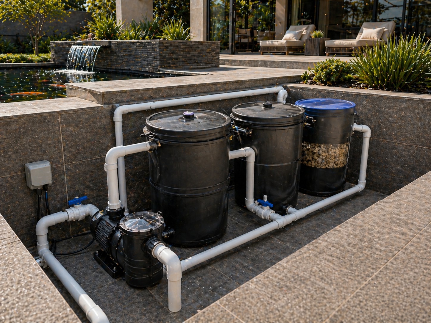 Pond contractor inspecting a koi pond pump installation with filtration chambers and plumbing designed to meet the project's required flow and head