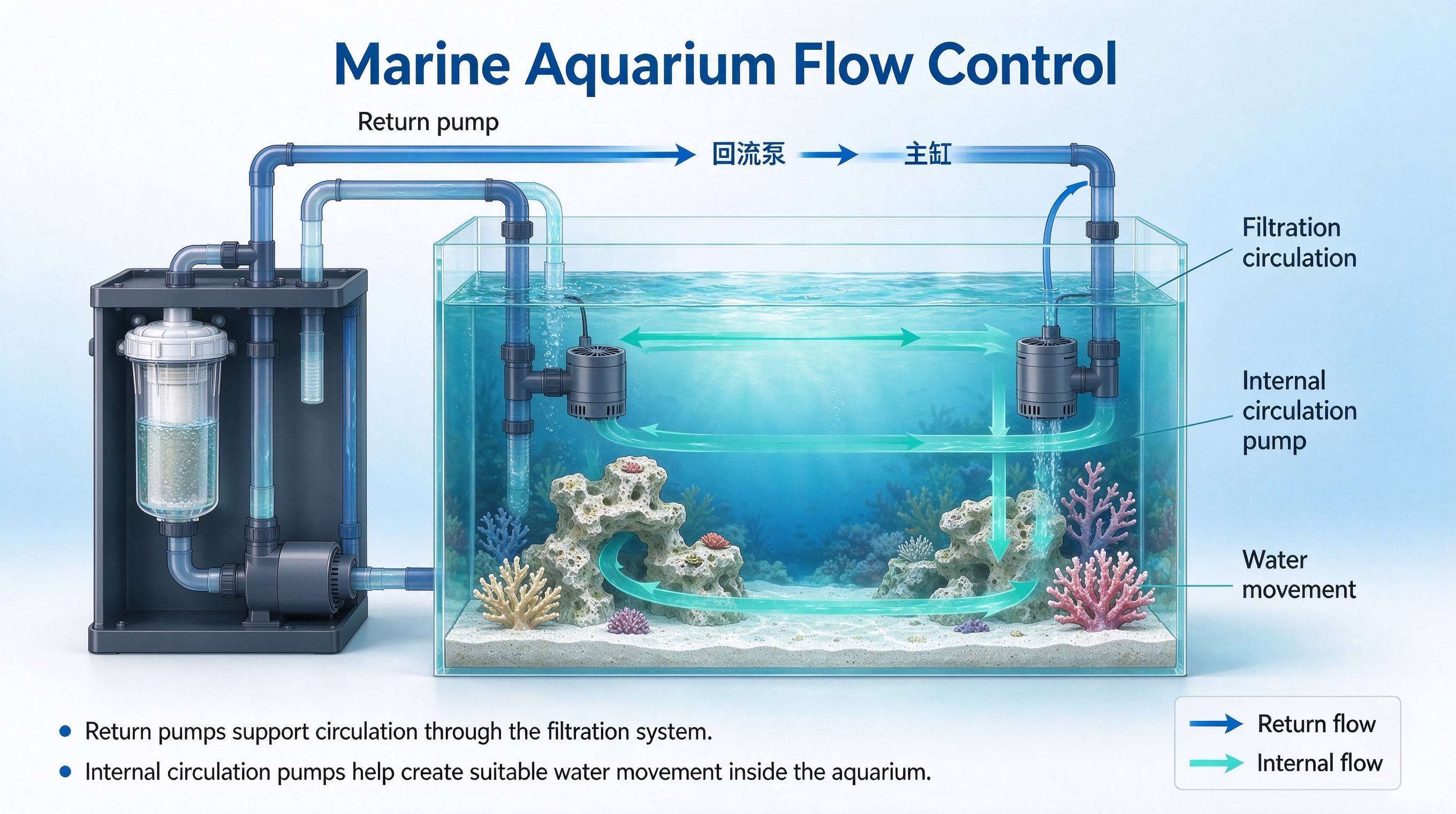 Marine aquarium pump selection showing a DC return pump in the sump and an internal circulation pump in the reef display tank, illustrating their different roles in filtration circulation and coral water movement.